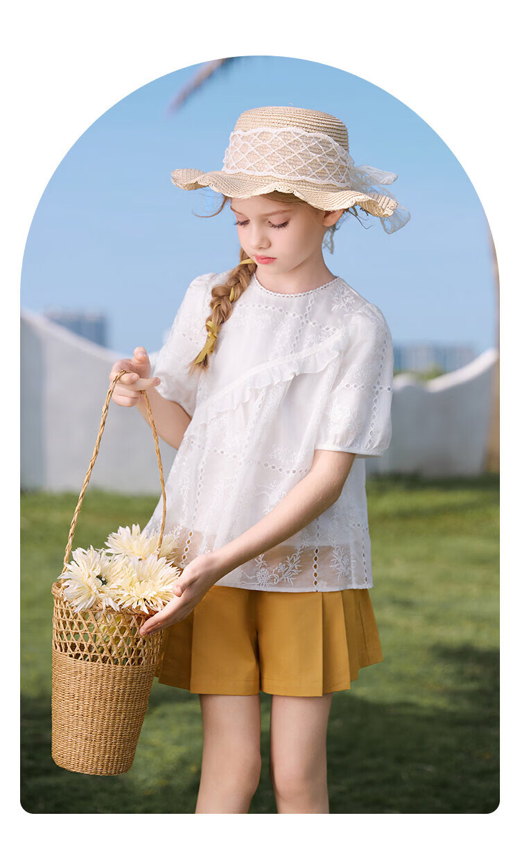 CHANZUIGOU Girls French Style Hollow Embroidered Top 2026 Summer New Breathable Short Sleeve Shirt 17